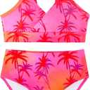 Girl's 2 Piece Swimsuit Spaghetti Strap Cute Bikini High Waisted Bathing Suit Swimwear Size 8-12 (Coconut Tree)