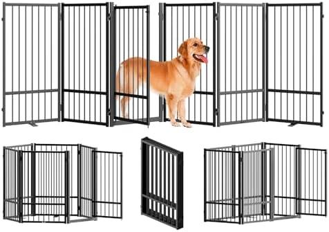 SNUOWU Full Metal Freestanding Dog Gate with Door, 32''Height Foldable Pet Dog Fence for Indoor & Outdoor, 6 Panels Extra Wide Free Standing TallDog Gates for Doorways,House,Stairs,Porch,Deck,Yard