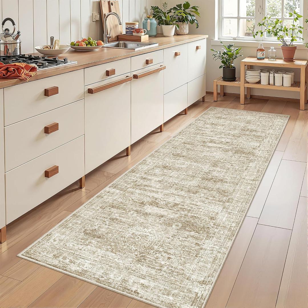 Kitchen Runner Rug Non Slip - 2.5 x 8 Runners for Hallways, Entryway, Bedroom, Washable Runner Rugs for Bathroom, Laundry Room, Low Pile Soft Vintage Area Rug(2.5'x8', Brown/Ivory)