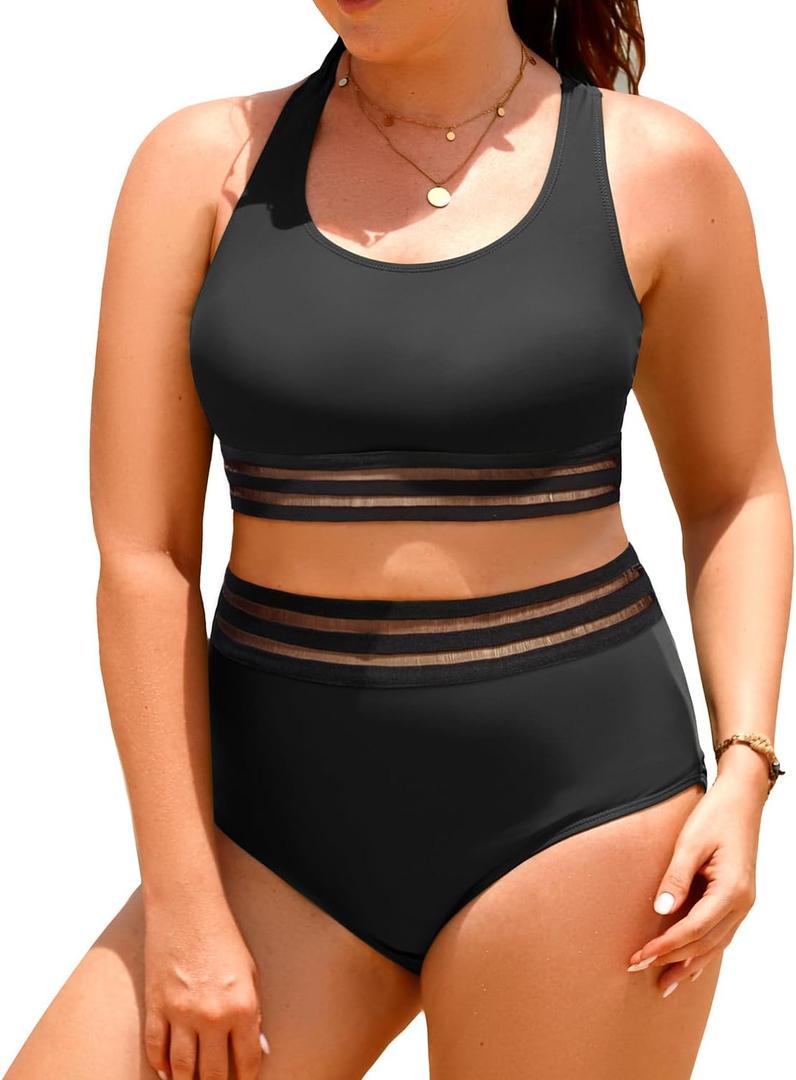 Aqua Eve Plus Size Two Piece High Waisted Bikini Swimsuits Scoop Neck Bikini Set Sporty Bathing Suits (Black Weave) 20W