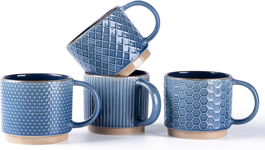 GBhome 8OZ Stackable Coffee Mugs, Ceramic Coffee Mugs with Texture Patterns for Man,Woman,Dad,Mom, Modern Coffee Cups Set of 4 for Espresso/Cappuccino/Cocoa. Dishwasher&Microwave Safe, Moonlight Blue