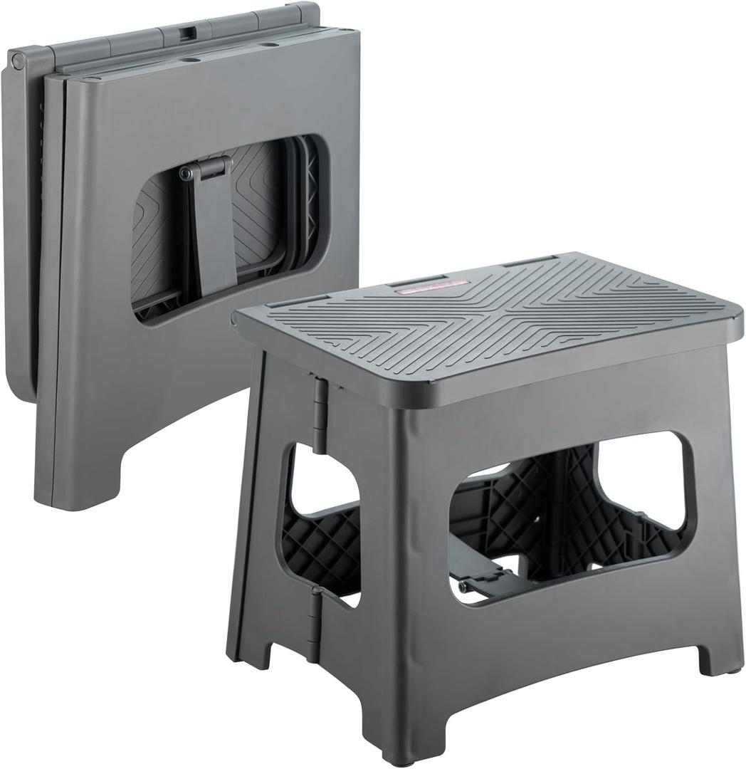 Folding Step Stool Foot Stool with 9 Inch Height Holds Up to 300 lbs Non-Slip Foldable Step Stool for Kitchen, Bathroom & Living Room (Gray)