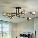 SZXYKEJI6-Lights Glass Globe Sputnik Chandelier Modern Flush Mount Ceiling Light Fixture Farmhouse Lighting for Dining Room Living Room Bedroom Kitchen Passageway(Balck and Gold), 33.46 inches