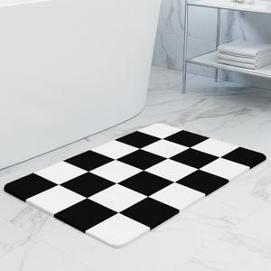 THMINS Black and White Checkered Stone Bath Mat, 24''x16'' Non-Slip Diatomaceous Earth Stone Bath Mat, Super Absorbent Quick Drying for Bathroom, Easy to Clean, 23.6x15.4''
