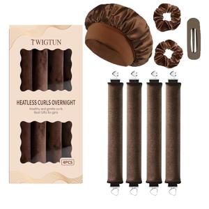 Heatless Curls Overnight Hair Curlers - 4 Pcs No-Heat Curling Rod to Sleep In and Shower Cap,Velvet Hair Rollers with Satin Wrap (new packaging)