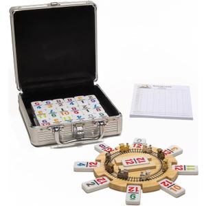 Mexican Train Dominoes Set Double 12 Color with Numbers and Wooden Hub 8 Metal Trains and Aluminum Case
