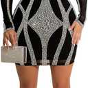 Sexy Rhinestone Crystal Mesh Patchwork Sheer Bodycon Dress Womens See-Through Birthday Clubwear Dresses (Black, XXL)