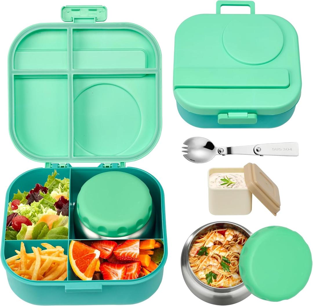 Bento Lunch Box for Kids with 12oz Soup Thermo,4 Compartments Lunch Box Containers Kids, Includes Foldable Spoon &Sauce Jar, BPA Free&Leak proof,Insulated Food Jar for Travel,School,Picnic, Green
