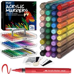 WUO 36 Colors Acrylic Paint Markers, High Opacity Automatic Ink Control Brush Tip Pens, Water-Based No-Bleed Markers for Rock, Canvas, Wood, Glass, Ceramic, and DIY Art Supplies