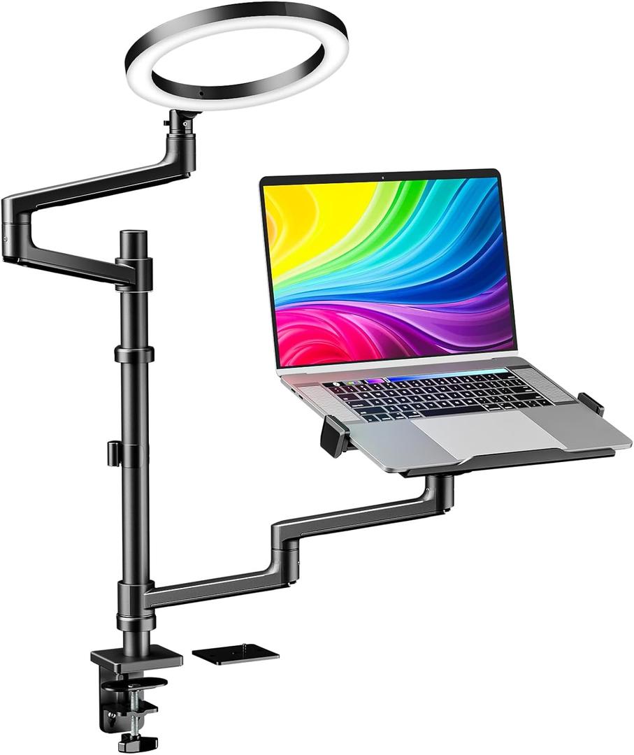WALI Laptop Desk Mount, Laptop Stand for Desk with 10" LED Ring Light 3 Color&10Brightness, Height Adjustable Monitor Stand for 17-32" Monitor 12-17 Laptops Home Office Online