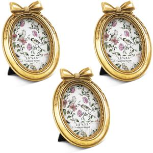 Vicenpal 6 Pcs Mini Gold Vintage Picture Frames, Resin Baroque Photo Frame with Glass and Stand, Small Antique Oval Frames for Wedding Anniversary Home Table Wall Decor, 2.5 x 3.5 Inch