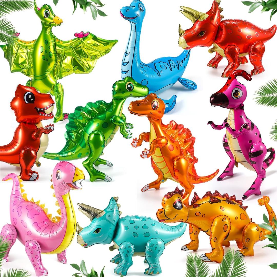 10 Pack Large Dinosaur Balloons for Birthday Party Decor 22-35 in Foil Giant 3D Self Standing Inflatable Blow up Dinosaur Balloons for Dino Jungle Theme Baby Shower Party Supplies