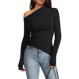 Women's Sexy Off Shoulder Tops Dressy Long Sleeve Asymmetrical Slim Fit Going Out Fall Blouse Ruched Shirts (Medium, Black)
