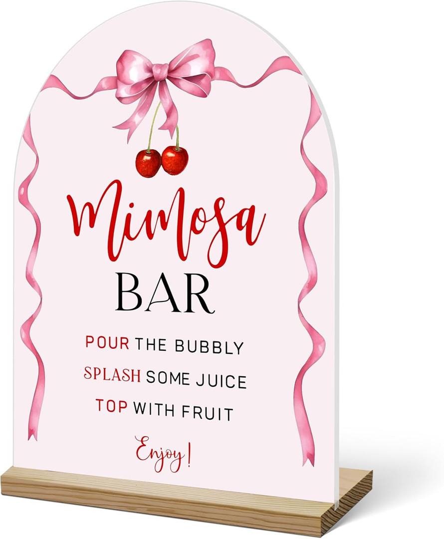 Mimosa Bar Sign, Acrylic Signs with Wood Stand for Gender Reveal Party, Bow Design Acrylic Sign, Mimosa Bar with Holder for Baby Bridal Shower Party, 09
