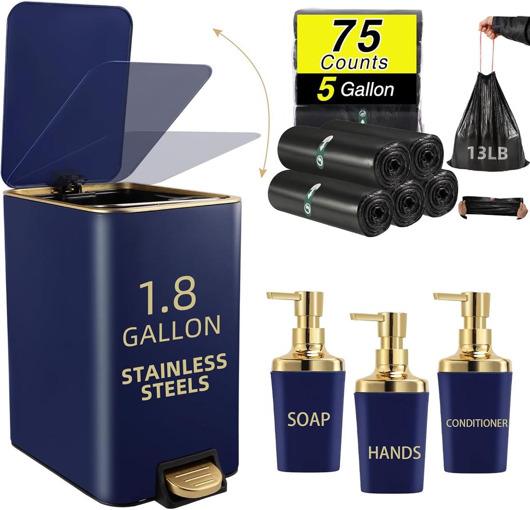 Small Bathroom Trash Can with Lid Soft Close, 1.8 Gallon Stainless Steel Garbage Can with Removable Inner Bucket,3PCS Soap Dispenser,75Count Trash Bag, Slim Step Pedal Trash Bins (Navy Blue)