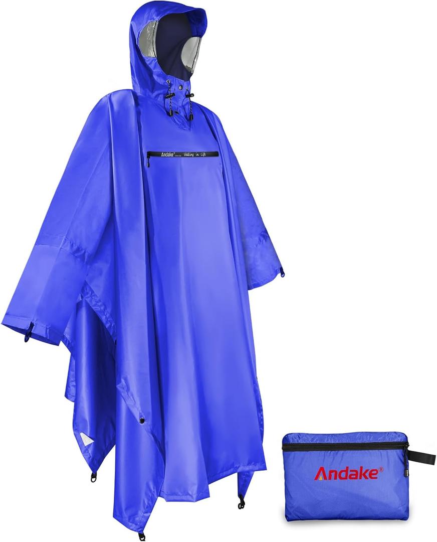 Andake Waterproof Rain Poncho for Adults Unisex,230T Ripstop Polyester,Raincoat Gear with Transparent Viewing Window Outdoors (One Size, Dark Blue)