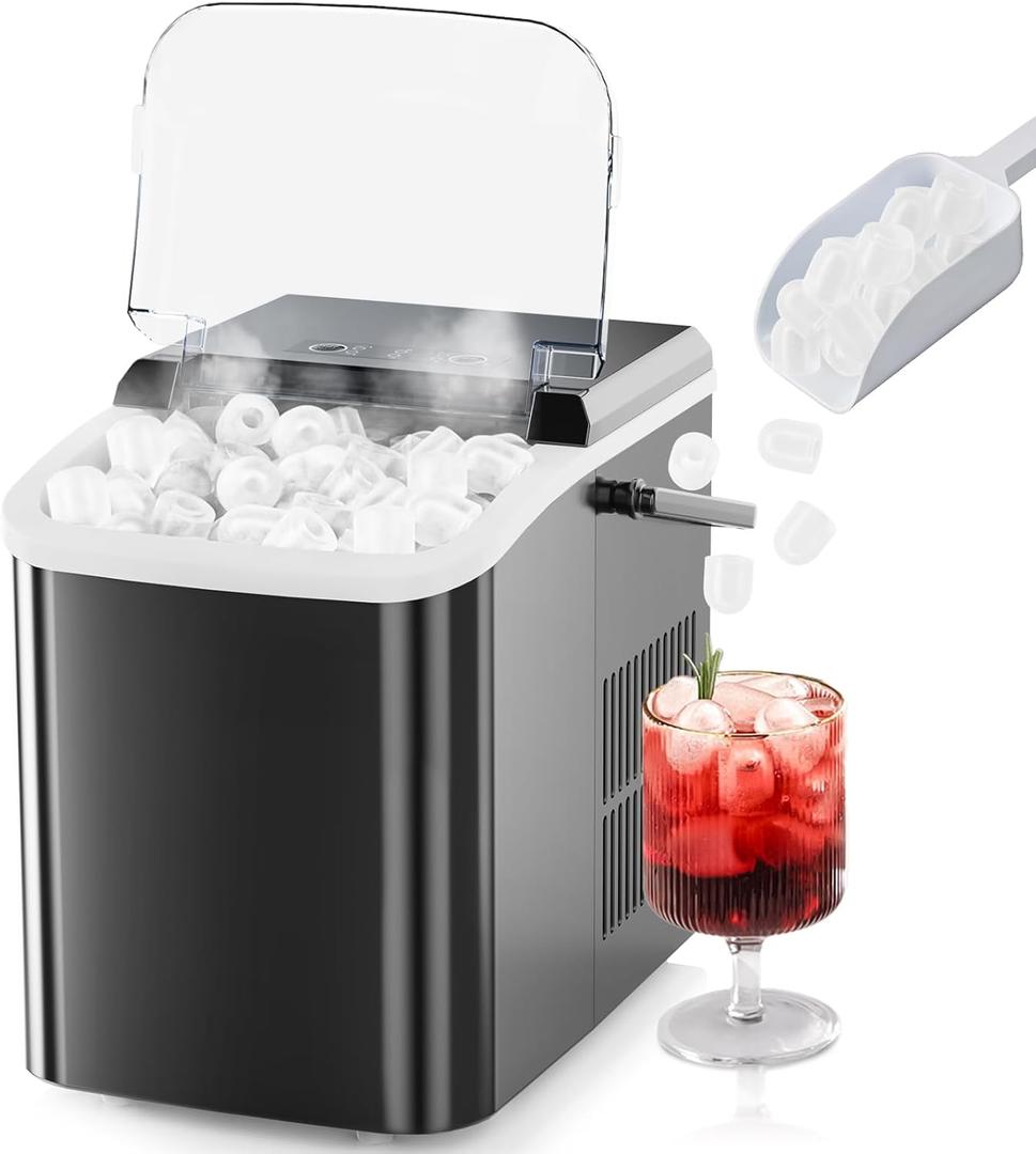 Sweetcrispy Countertop Ice Maker with Scoop, Basket and Handle, 9 Ice Cubes Machine Ready in 6 Mins, 26.5lbs in 24Hrs, 2 Sizes for Home Kitchen Office Bar Party(Black)