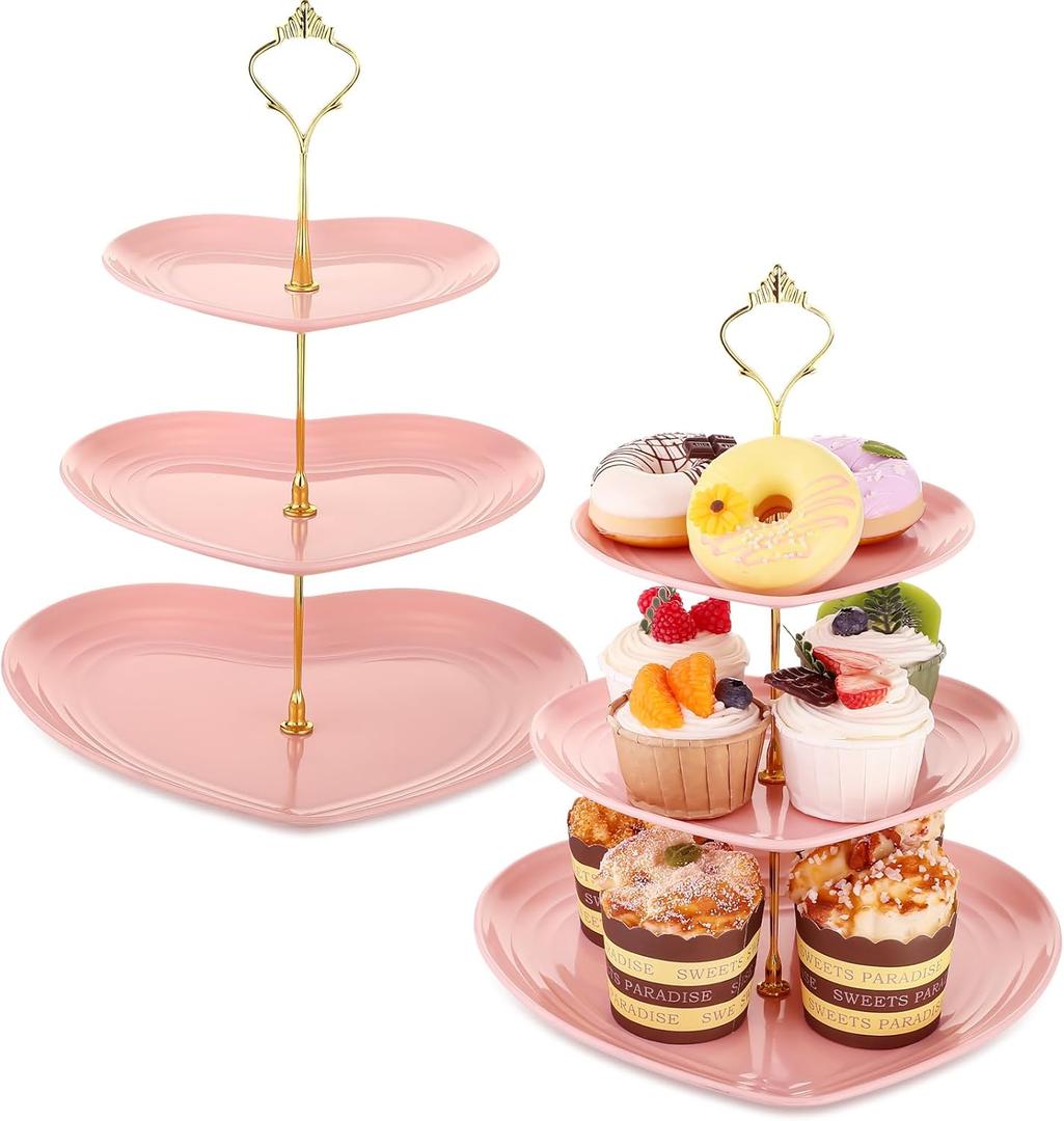 Layhit 2 Pack Valentine's Day 3 Tier Cupcake Stand Heart Shaped 3 Tiered Serving Trays for Party Plastic Tray Dessert Cupcake Stand for Tea Party Baby Shower Wedding(Pink)