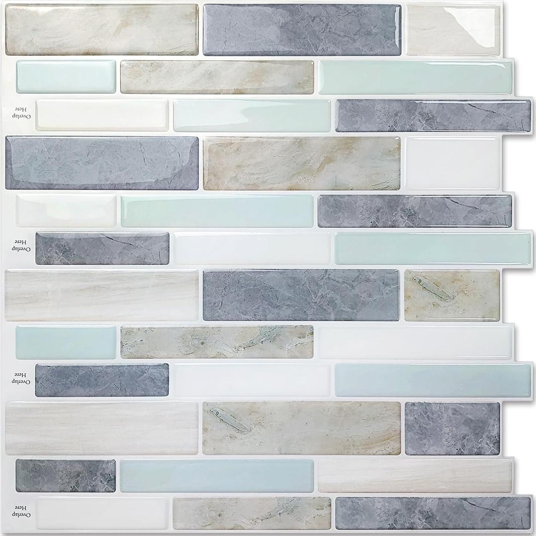 Vamos Tile 10- Sheet Peel and Stick Backsplash Tiles, 12"x12" Light Color Stick on Wall Tiles, Self Adhesive Tile Sticker for Kitchen Backsplash and Bathroom Marble Design (Light Blue Green)