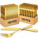 Nuenen 300 Pcs Forks and Knives Stainless Steel Silverware Set 150 Dinner Forks and 150 Knives Flatware Tableware Cutlery Set for Home Restaurant, Mirror Polished, Dishwasher Safe(Gold, Simple)