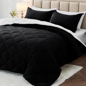 MUXHOMO 7 Pieces Queen Comforter Set, Reversible Bed in a Bag Queen Size, All Season Bedding Set with Comforter, Flat Sheet, Fitted Sheet, Pillowcases & Shams, Black & White (Queen (88"x88"))