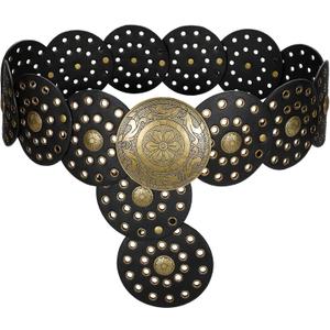 LEACOOLKEY Women's Boho Disc Belt Wide Western Leather Belt Vintage Concho Waist Belts for Dress Jeans