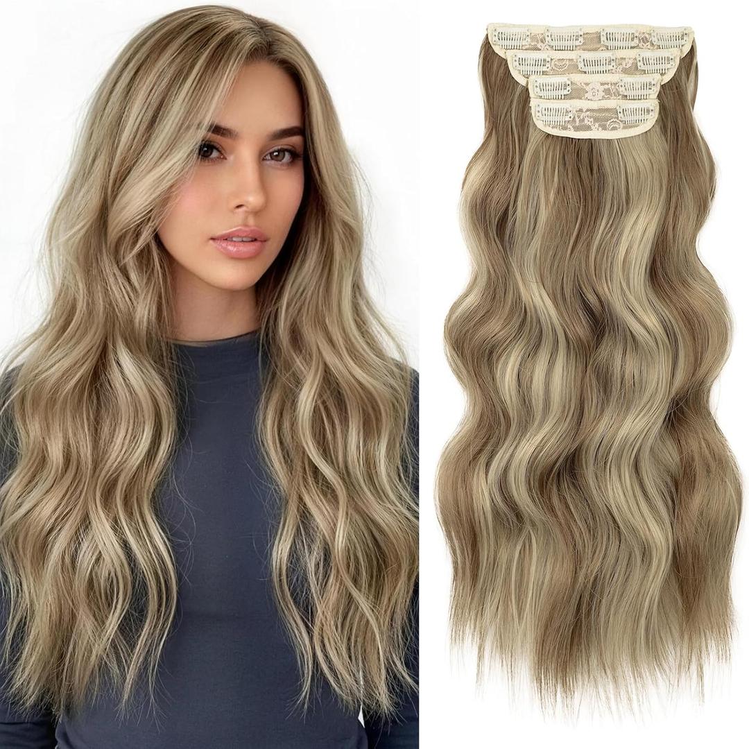 KooKaStyle Clip in Synthetic Hair Extensions Long Wavy 4PCS Thick Hairpieces Ash Blonde Balayage Fiber Double Weft Natural Hair Extensions 20 Inch for Women
