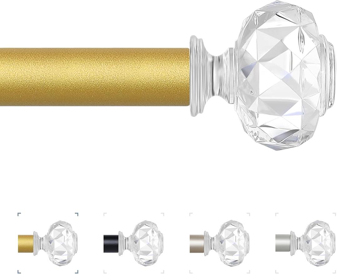 Gold Decorative Crystal Curtain Rods:36-88 Inch Heavy Duty Adjustable Window Curtain Rods for Bedroom Living Room,Brass Golden Modern Girly Acrylic Drapery Pole with Sheer Bling Diamond Finials
