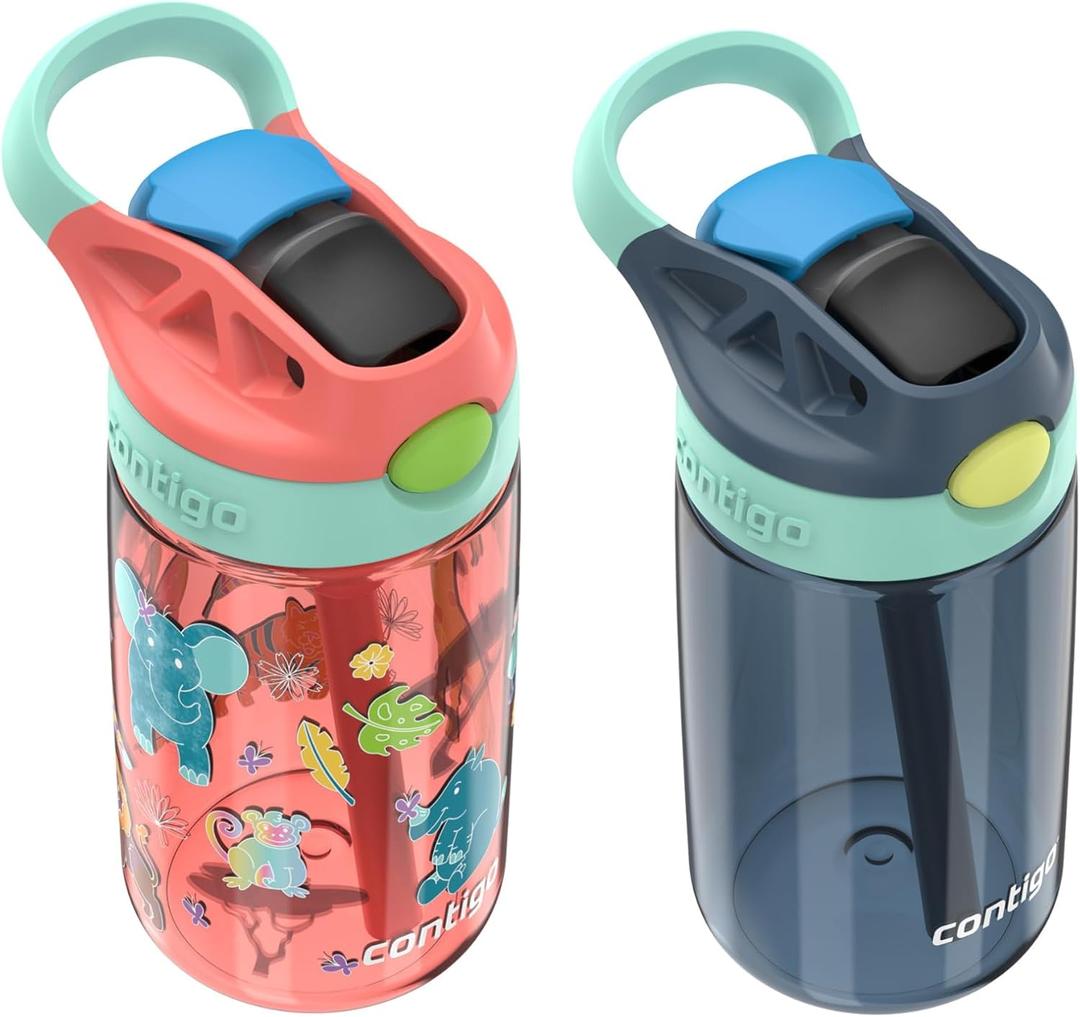 Contigo Kids Water Bottle with Redesigned AUTOSPOUT Straw, 14 oz, 2-Pack (Coral/Safari & Blueberry/Jade Vine)