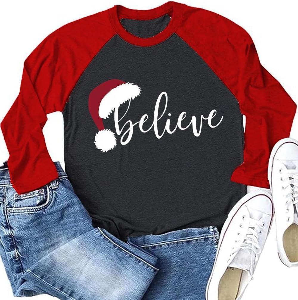 Christmas Shirt for Women Raglan Long Sleeve Merry Believe Tree Graphic Festival Shirts Vacation Trendy Tops (Medium, Sc01rdgr)