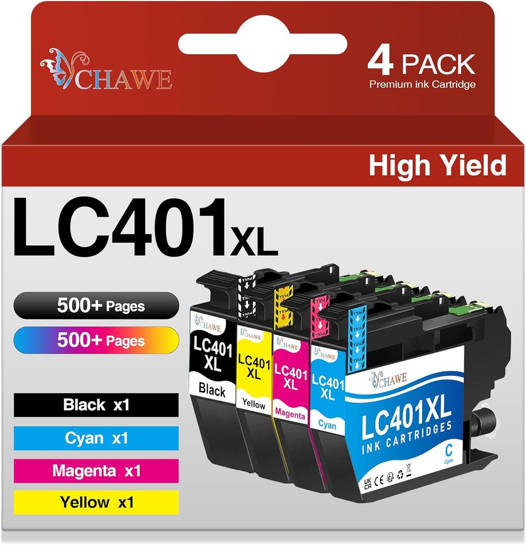 WHAWE LC401XL Ink Cartridges for Brother Printer MFC-J1010DW MFC-J1170DW MFC-J1012DW MFC-J1800DW, 4 Pack High Yields(Black Cyan Magenta Yellow)
