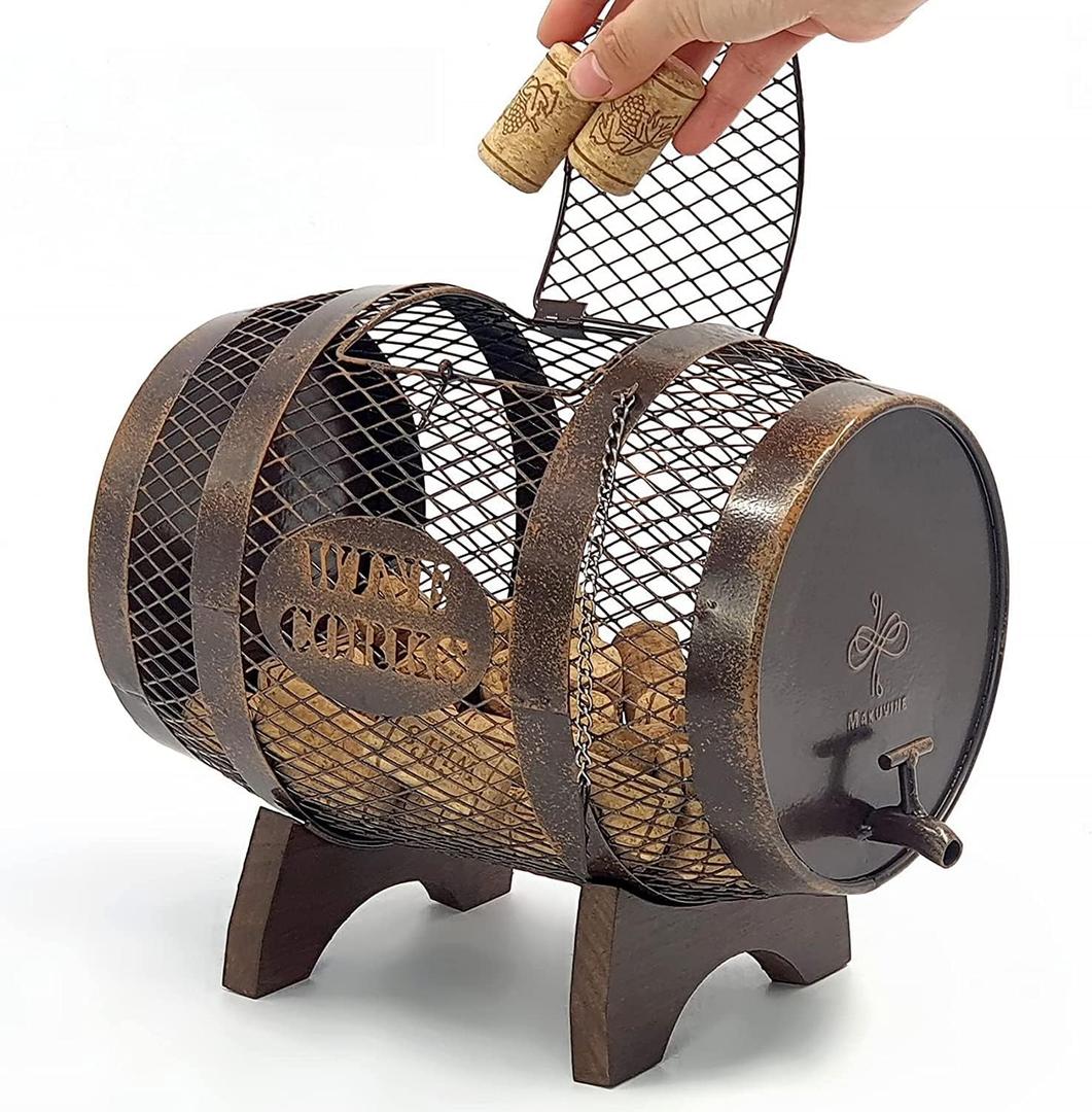 Rustic Metal Large Barrel Wine Cork Holder Display On Wooden Stand, Container for Display, Home Decor, Housewarming Gifts, Home Bar Decor, Wine Gifts, Engagement Gifts, Kitchen Decor, 11 inches x 8 inches x 9 inches