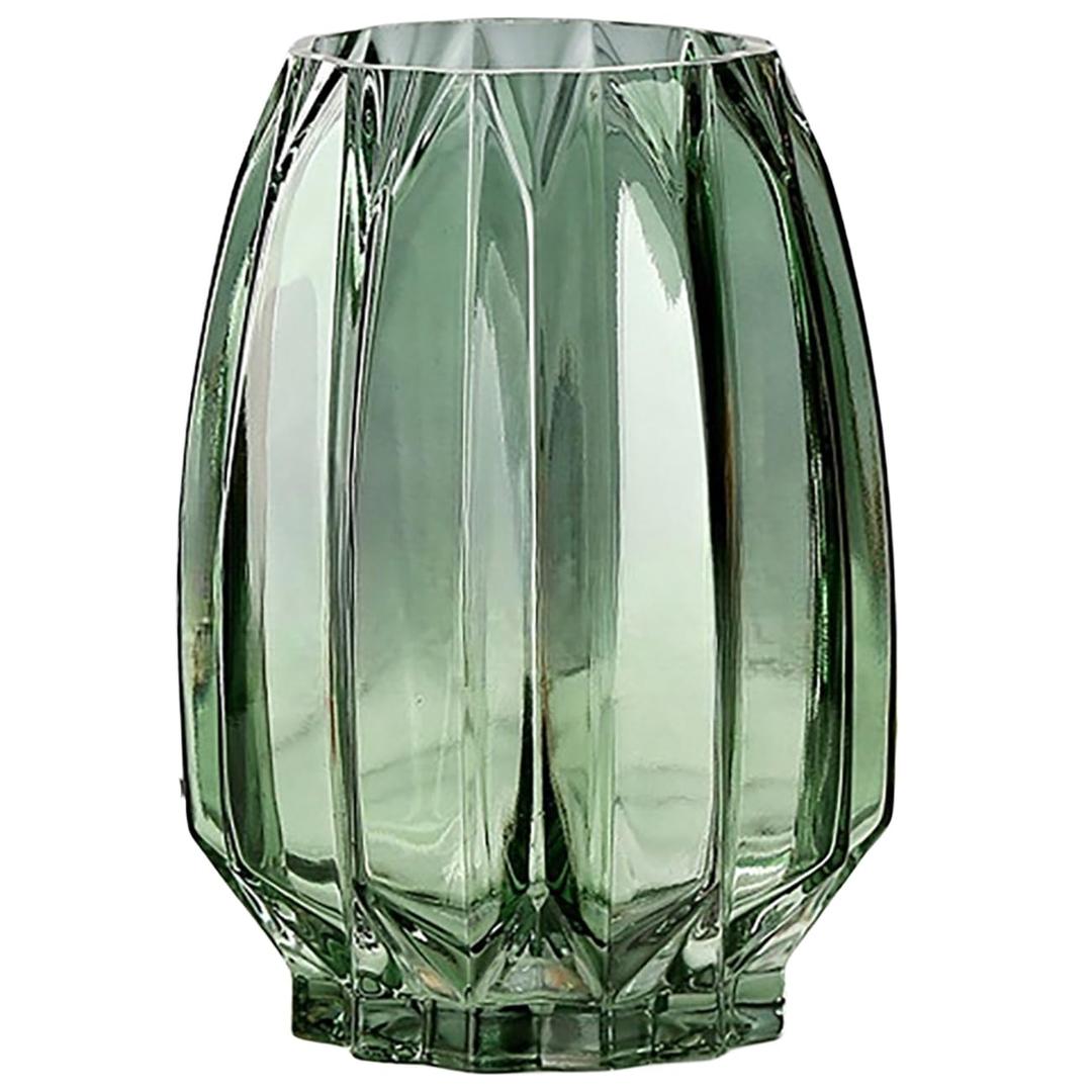 Lucky Bird Green Glass Vase Modern Ribbed for Flowers, Candles, and Decorative Accents - Tall/Short Glass Vase for Centerpieces Home Table Decor(Green H8.0inch)