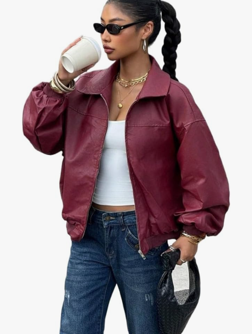 Women Jackets Long Sleeve Zip Up Red PU Leather Jacket M