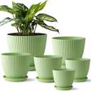 RooTrimmer 7.5/6.5/5.5/4.9/4.2/3.5 Inch Plant Pots with Saucers & Drain Holes - Indoor/Outdoor Flower Pots for Succulents, Herbs, Cactus - Modern Lightweight Durable Planter Set, Green