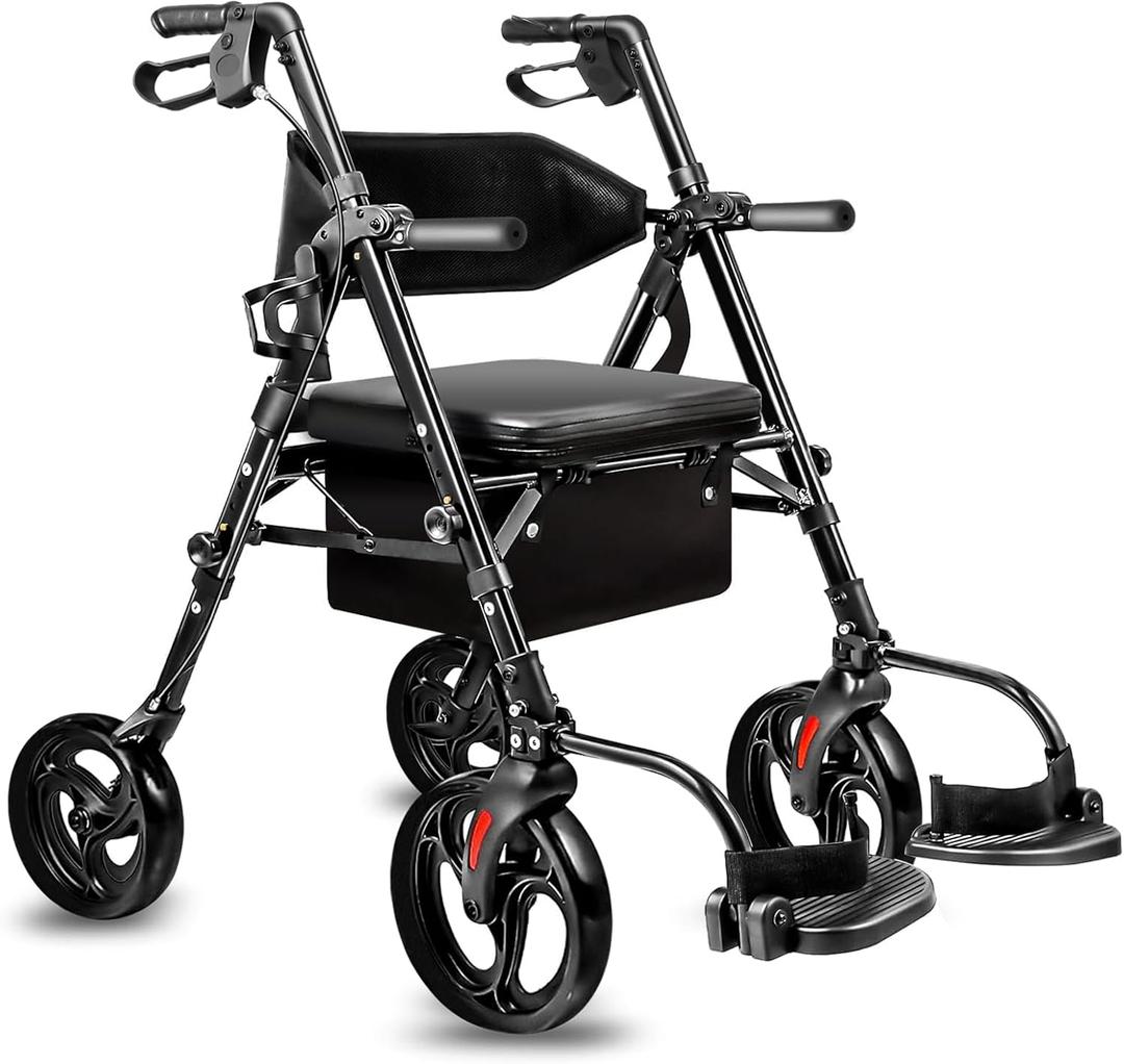 Foldable Rollator Walkers with Seat for Seniors & Adults Lightweight 2-in-1 Walker and Wheelchair Combo Adjustable Handle Height and Seat Transport Chair with Brakes 300 lbs Weight Capacity