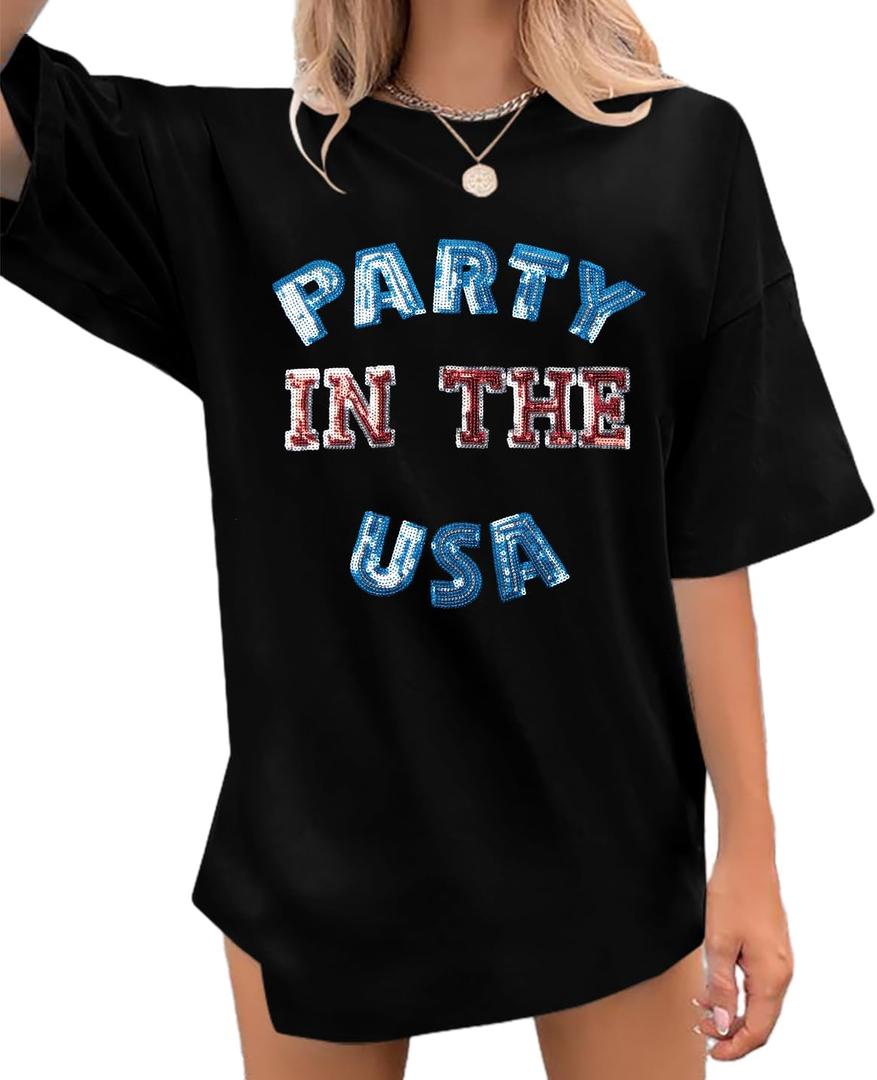 Party in The USA T-Shirt Women 4th of July Independence Day Shirts Funny Patriontic Graphic Short Sleeve Tee Tops (Small, Embroidery-black)
