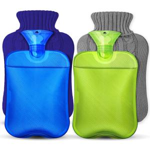 2 Packs Hot Water Bottle with Knitted Cover, Rubber Heat Bag for Hot & Cold Compress, Warm Water Heat Bottles for Menstrual Cramps Pain Relief, Bed Hand Feet Warmer Winter Gift 2 Liter - Green & Blue