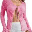 Milumia Women's Y2K Textured Lettuce Trim Tie Front Cardigan Long Sleeve Sheer Shrug Top Cover Ups Pink, X-Large