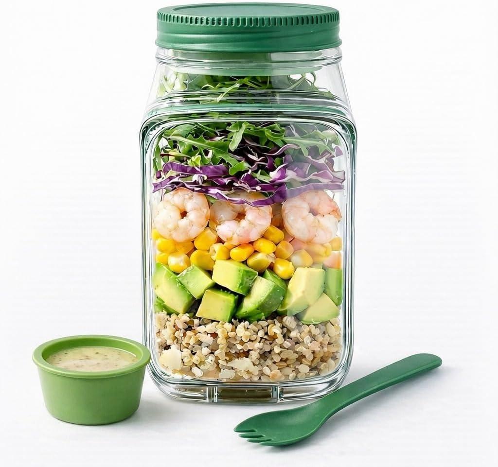 HUZ Salad Pod Side Open Jar - Leakproof Salad Jar with Side Opening & Dressing Cup - Portable Salad Container for Lunch with Spork (1000ml / Green / 1-Pack)