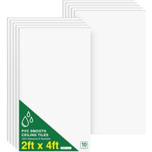 Smooth Drop Ceiling Tiles 2ft x 4ft for T-Bar Ceiling Systems – PVC Ceiling Tiles with No Sag, Waterproof & Fire-Rated – Easy Drop-in Replacement, White, 10-Pack (Covers 80 Sq. Ft)