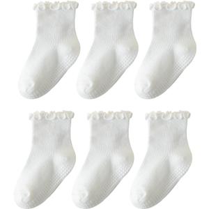 ANYANIME 6 Pairs Toddler Ruffle Socks for Girls Baby Grip Socks Non Slip Socks Cute Grippy Frilly (0-12 Months, White)