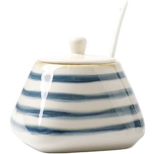 CHOOLD Vintage Hand-Painted Ceramic Spice Jar with Lid Spoon Seasoning Box Condiment Pots Spice Racks for Kitchen Restaurant Housewarming Gift (Stripes)
