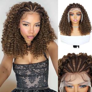 Quantum Love Braided Wig for Black Women Ombre Brown Blone Braids Cornrows Lace Curly Wigs 16 Inch Fully Lace Frontal Braided Curly Bob Synthetic Glueless Wigs