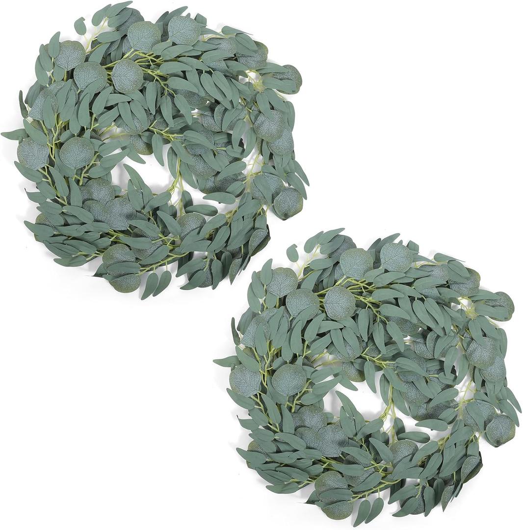 Mori Mengye 2-Pack Artificial Eucalyptus Garland and Bamboo Foliage Bundle, 195cm/6.5ft Versatile Faux Greenery for Elegant Wedding, Home, Mantel Decor
