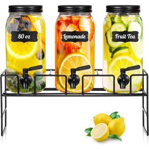 3 Pack 80 oz Glass Beverage Dispenser with Stand Clear Mason Jar Water Dispenser for Party, Fridge Includes Leakproof Stainless Steel Spigot, Black Lid and Label(Black)