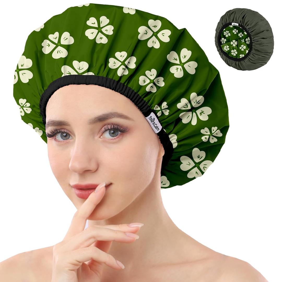 Years Calm Shower Caps For Women Reusable Waterproof Pattern And Solid Color Dual-Layer Design For Dual-Layer Usable Protects Hair In Shower, Spa, Cooking, Clean & Travel (Green, Extra Large)