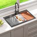 33 x 22" Black Stainless Steel Workstation Kitchen Sink, Large Single Bowl Drop-In Undermount Farmhouse Sink (3018) (Black, 3322), 33*22in