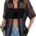 Avanova Women See Through Mesh Button Down Top Half Sleeve Collared Shirt Blouse (Small, Black Dots)