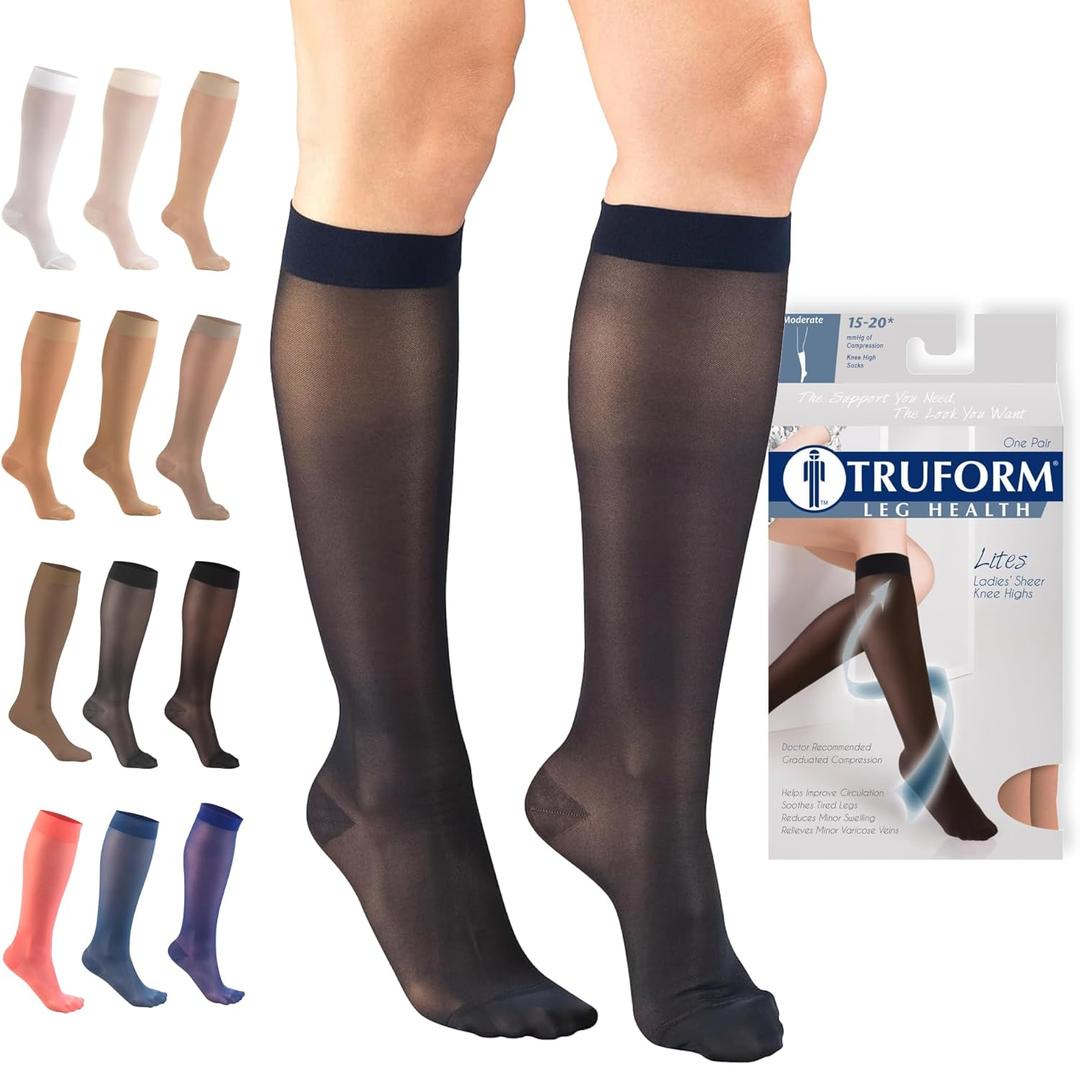 Truform Sheer Compression Stockings, 15-20 mmHg, Women's Knee High Length, 20 Denier, Navy, Medium